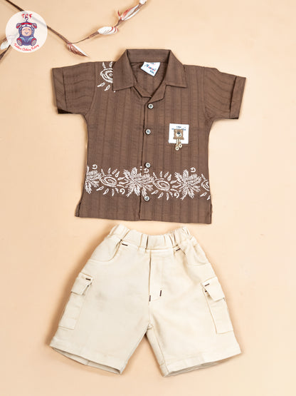 Coffee Brown & Beige - Boys Readymade Cotton Shirts & Shorts