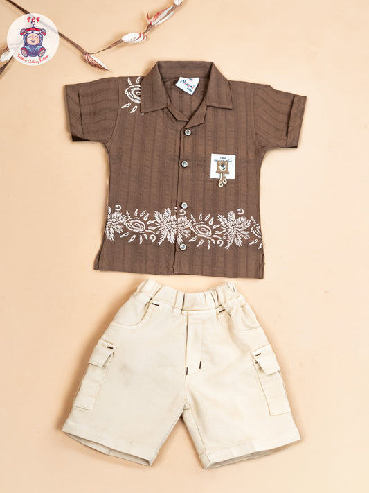 Coffee Brown & Beige - Boys Readymade Cotton Shirts & Shorts