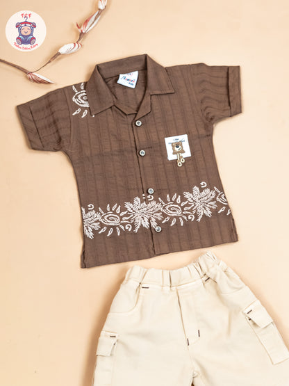 Coffee Brown & Beige - Boys Readymade Cotton Shirts & Shorts