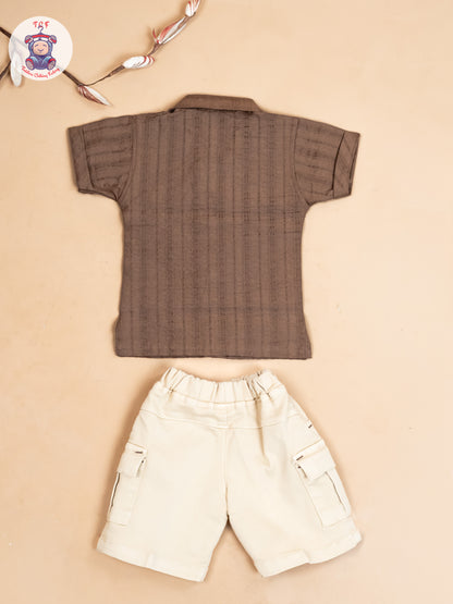 Coffee Brown & Beige - Boys Readymade Cotton Shirts & Shorts
