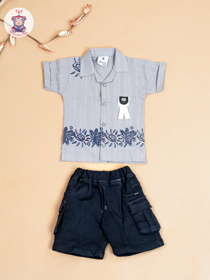 Grey & Navy Blue - Boys Readymade Cotton Shirts & Shorts