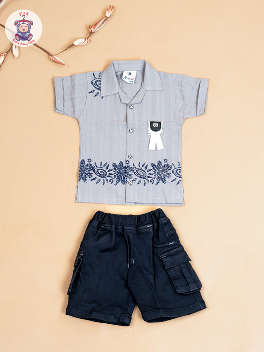 Grey & Navy Blue - Boys Readymade Cotton Shirts & Shorts