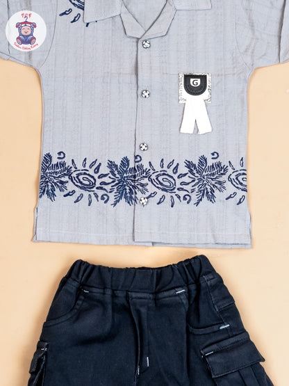 Grey & Navy Blue - Boys Readymade Cotton Shirts & Shorts
