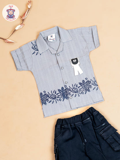 Grey & Navy Blue - Boys Readymade Cotton Shirts & Shorts