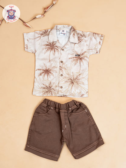Cream & Brown - Boys Readymade Cotton Shirts & Shorts