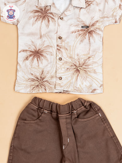 Cream & Brown - Boys Readymade Cotton Shirts & Shorts