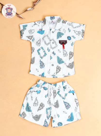 White & Light Blue - Boys Readymade Cotton Shirts & Shorts