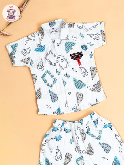 White & Light Blue - Boys Readymade Cotton Shirts & Shorts