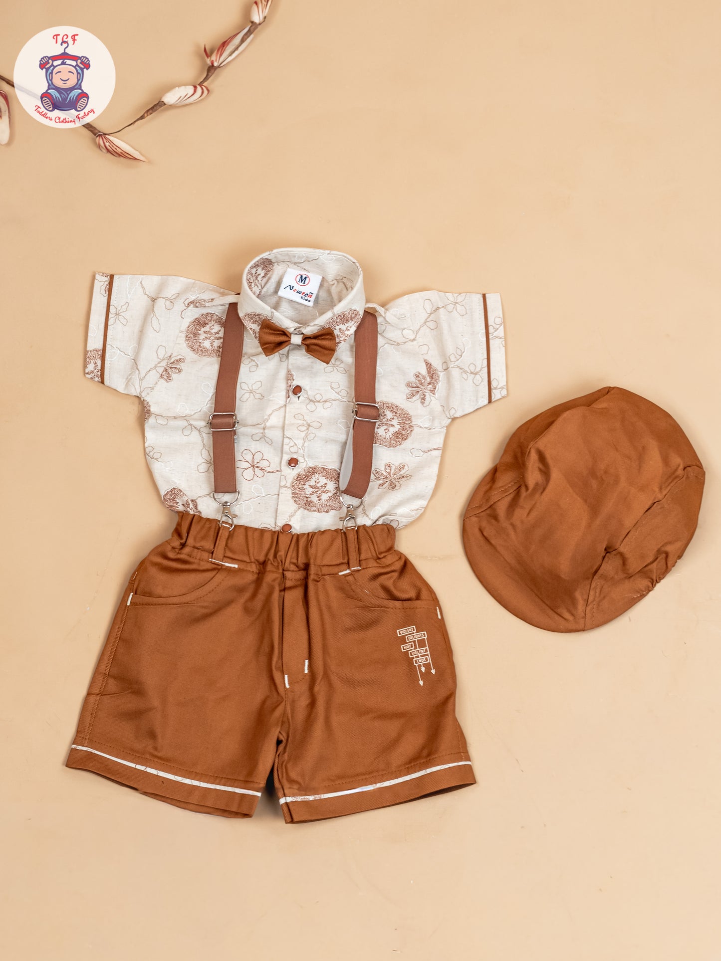 Beige & Brown - Half Sleeves Shirts & Shorts Set With Suspender & Bow