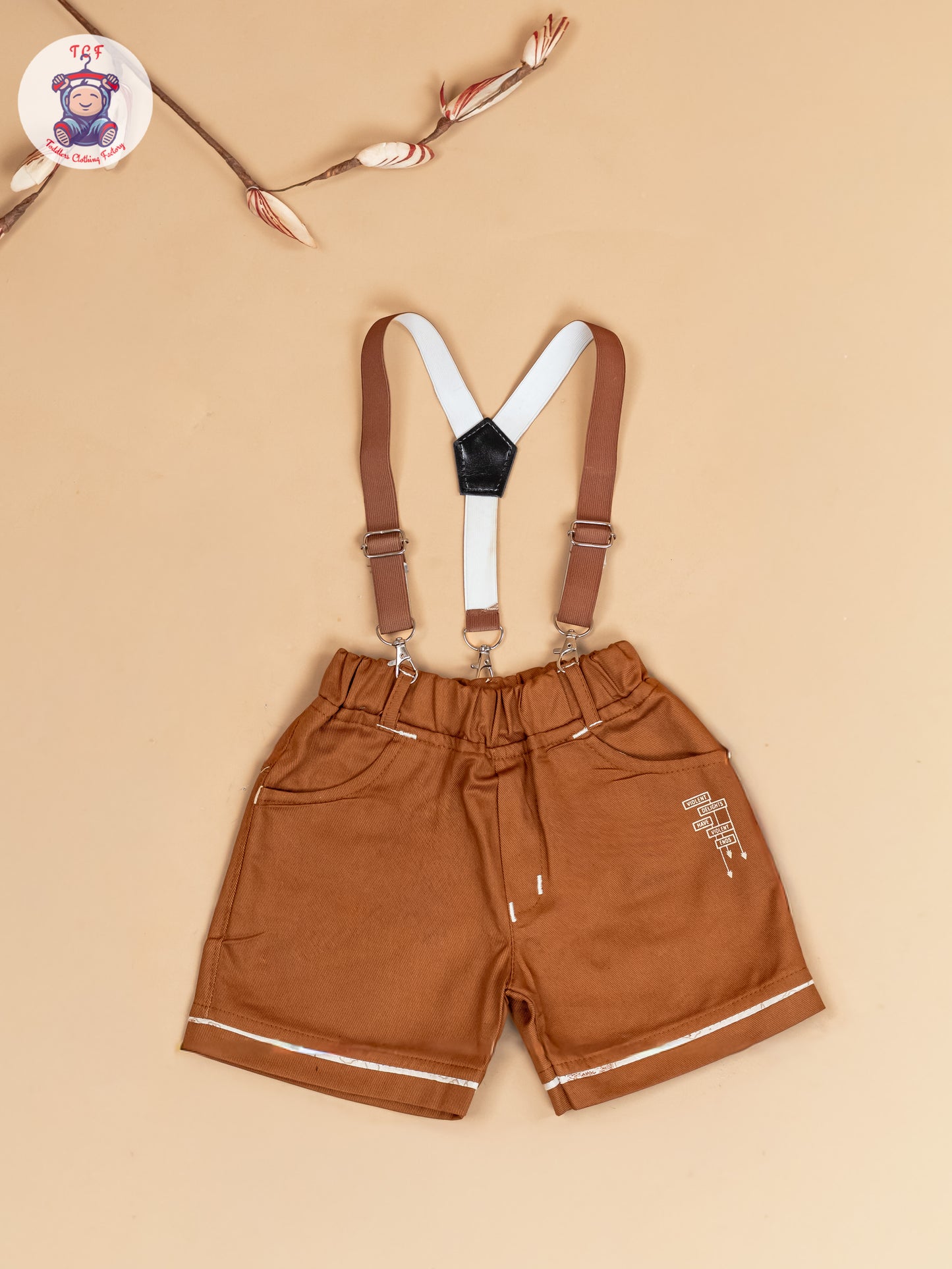 Beige & Brown - Half Sleeves Shirts & Shorts Set With Suspender & Bow