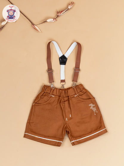 Beige & Brown - Half Sleeves Shirts & Shorts Set With Suspender & Bow
