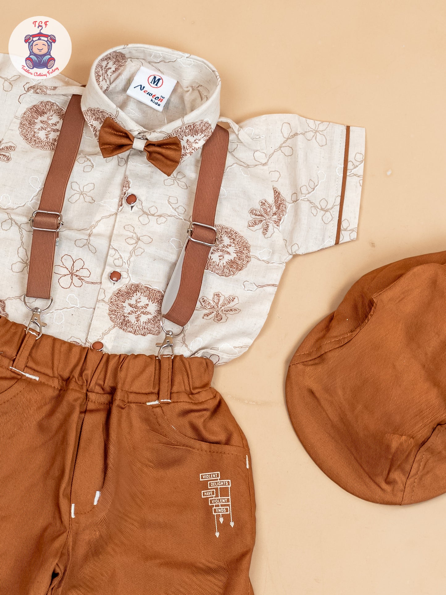 Beige & Brown - Half Sleeves Shirts & Shorts Set With Suspender & Bow