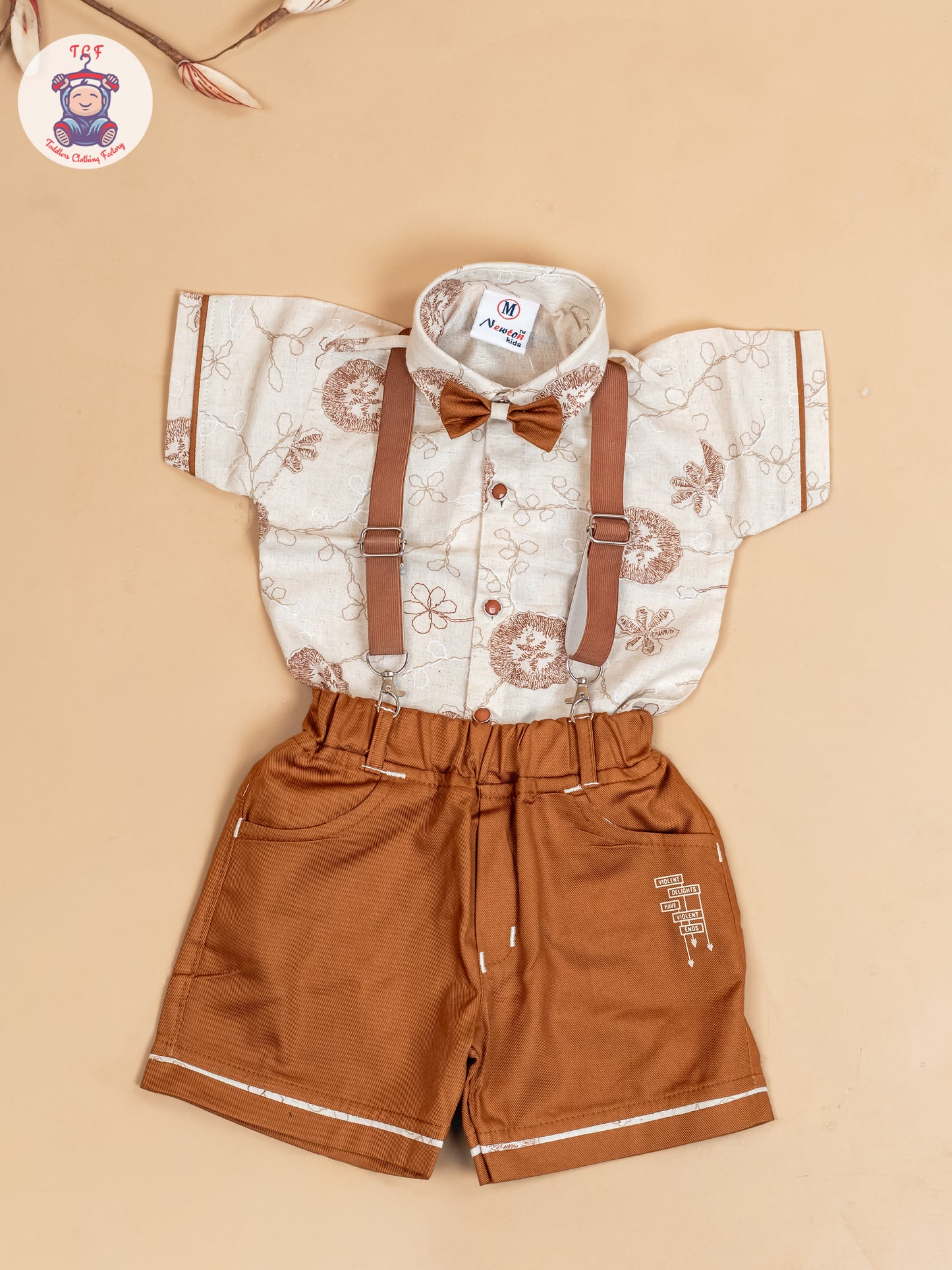 Beige & Brown - Half Sleeves Shirts & Shorts Set With Suspender & Bow