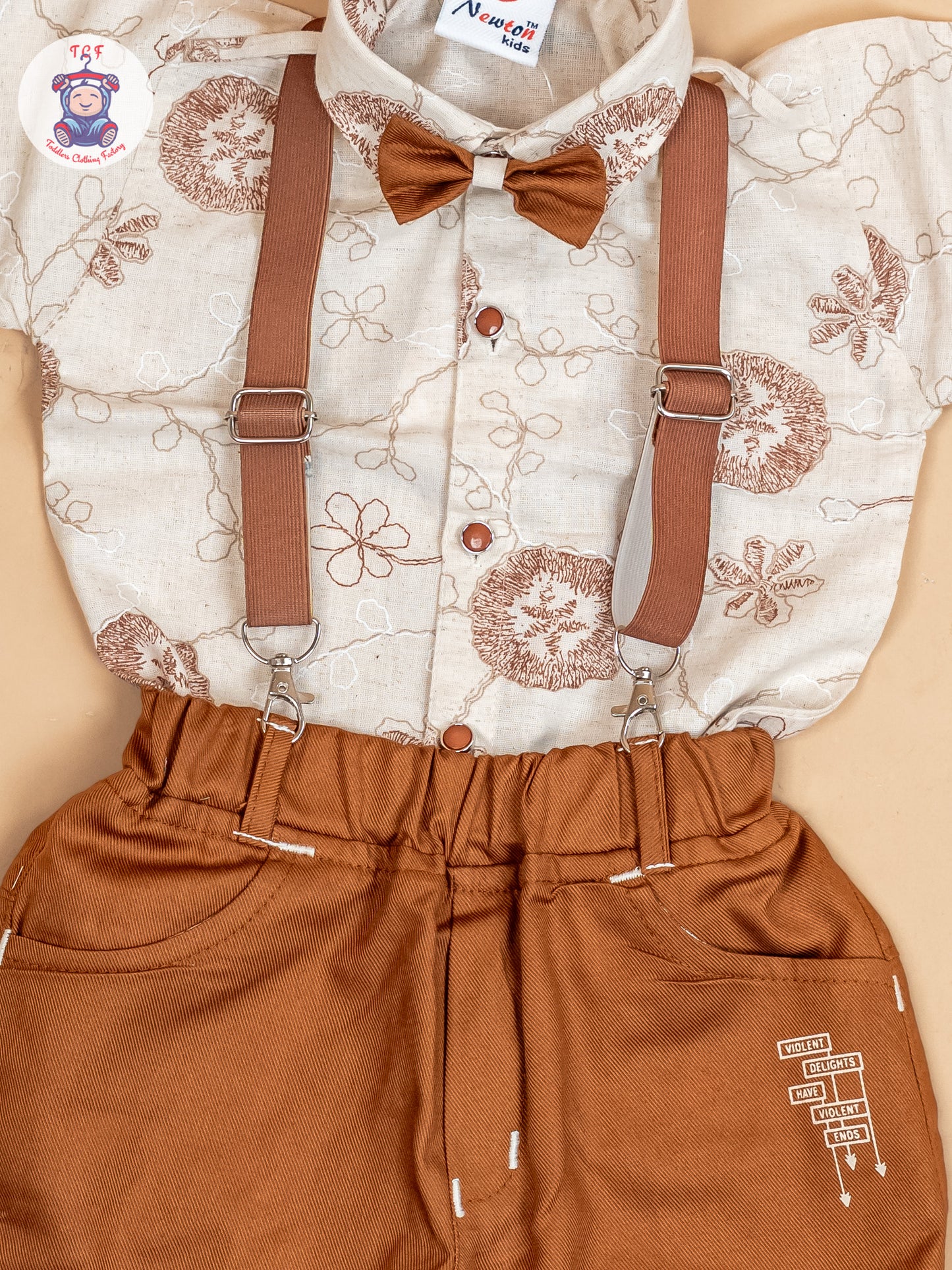 Beige & Brown - Half Sleeves Shirts & Shorts Set With Suspender & Bow