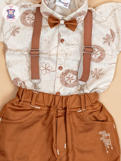 Beige & Brown - Half Sleeves Shirts & Shorts Set With Suspender & Bow