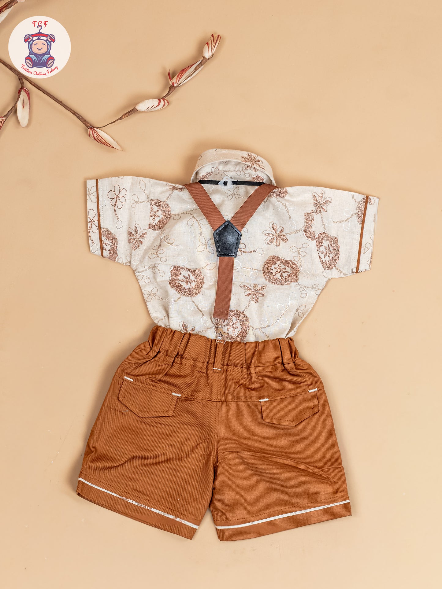 Beige & Brown - Half Sleeves Shirts & Shorts Set With Suspender & Bow