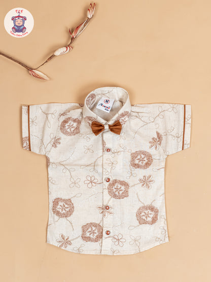 Beige & Brown - Half Sleeves Shirts & Shorts Set With Suspender & Bow