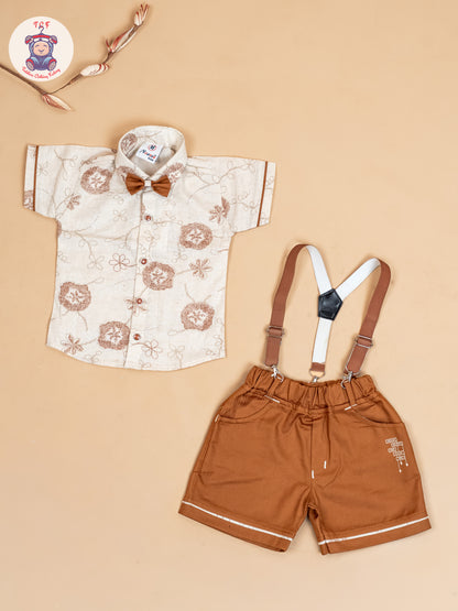 Beige & Brown - Half Sleeves Shirts & Shorts Set With Suspender & Bow
