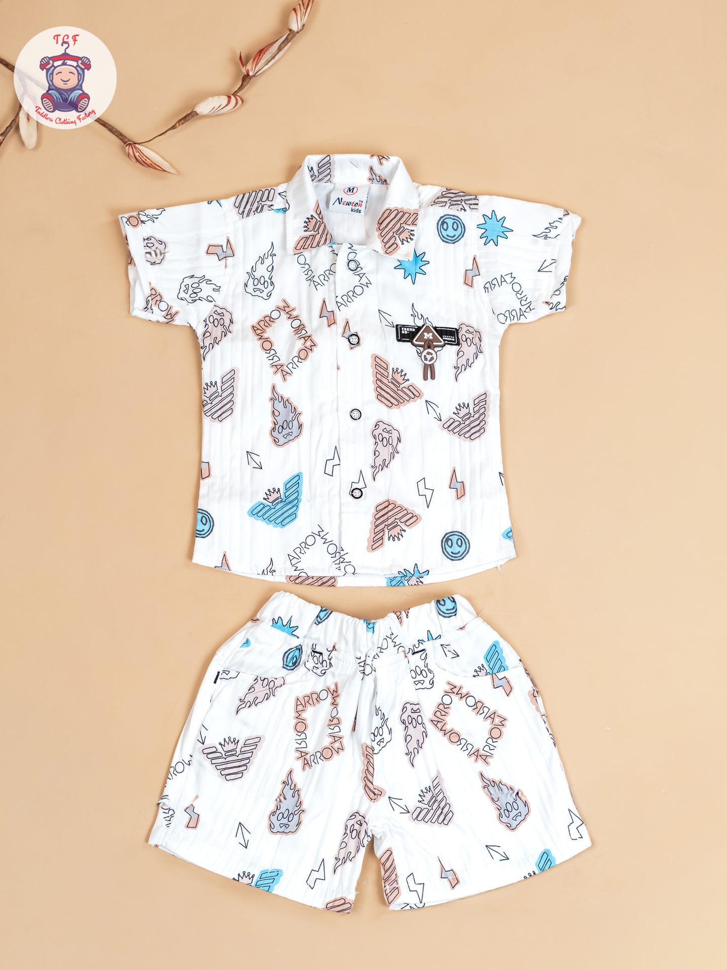 White & Light Brown - Boys Readymade Cotton Shirts & Shorts