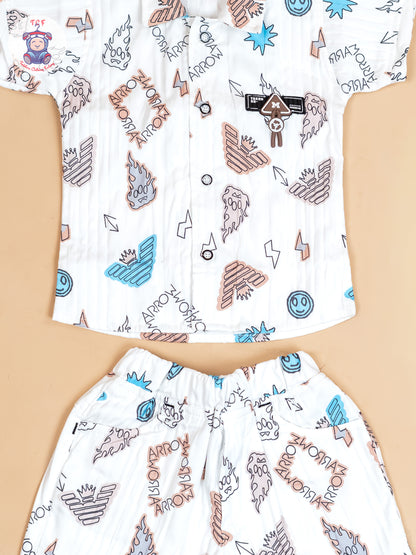 White & Light Brown - Boys Readymade Cotton Shirts & Shorts