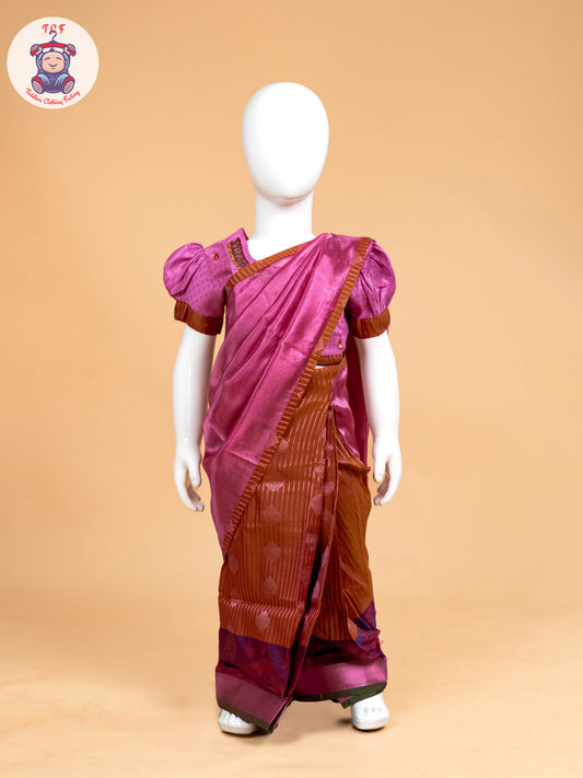 Pink - Girls Readymade Welcro Saree