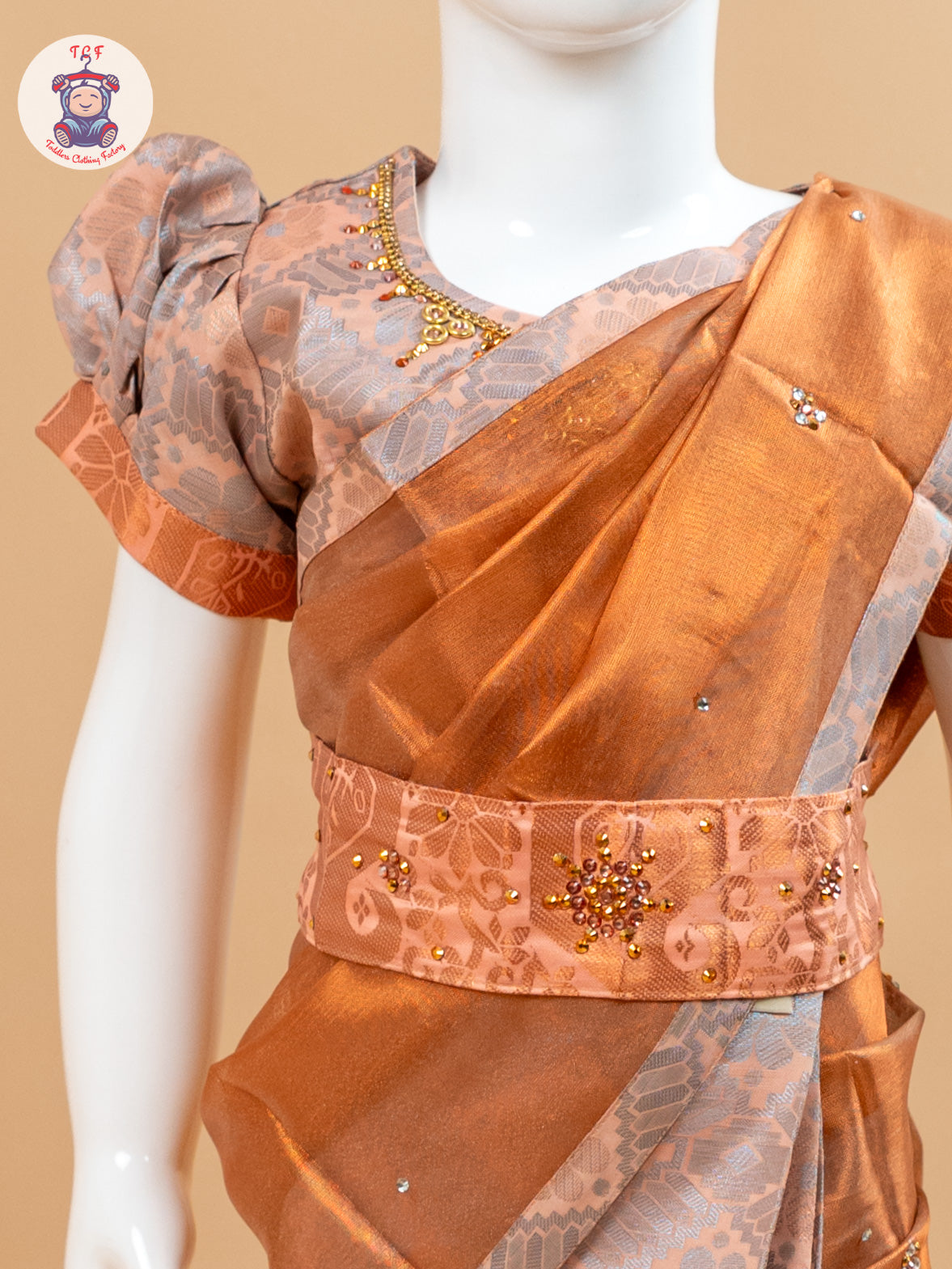 Copper Gold - Girls Readymade Welcro Saree