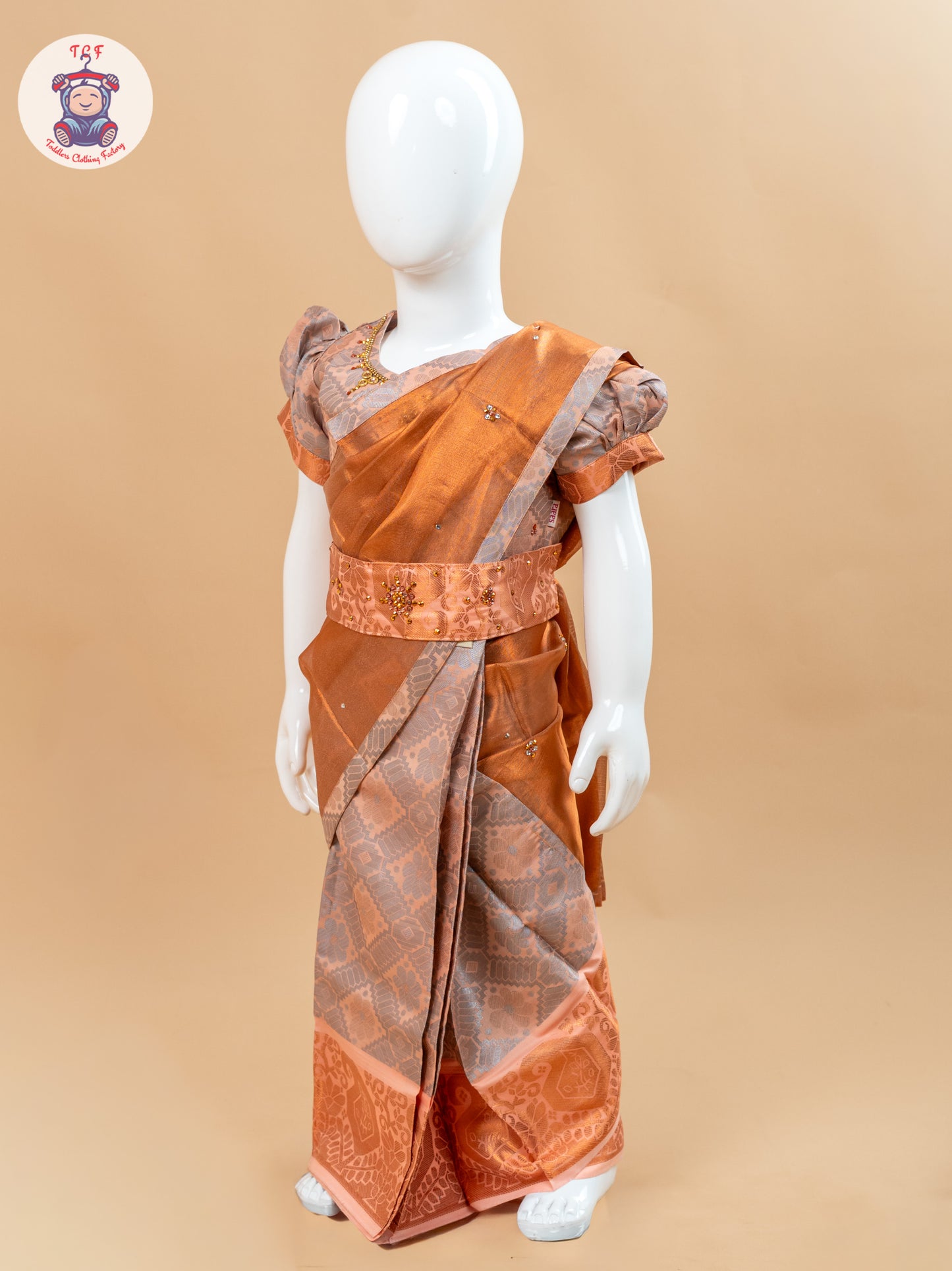 Copper Gold - Girls Readymade Welcro Saree