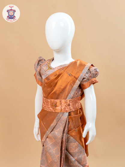 Copper Gold - Girls Readymade Welcro Saree