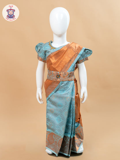 Sky Blue - Girls Readymade Welcro Saree
