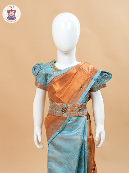 Sky Blue - Girls Readymade Welcro Saree