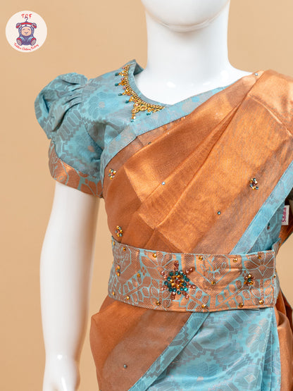 Sky Blue - Girls Readymade Welcro Saree