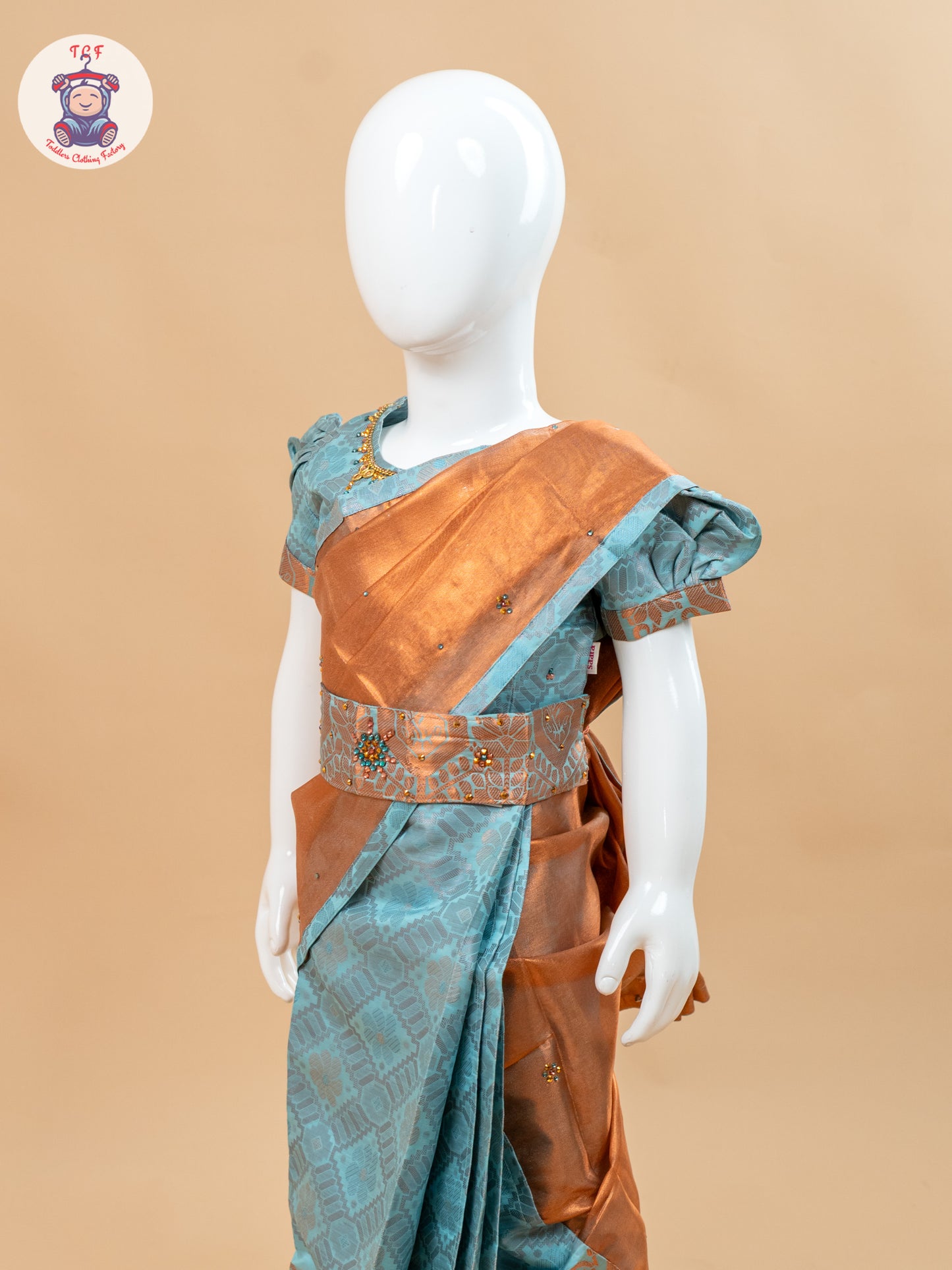 Sky Blue - Girls Readymade Welcro Saree