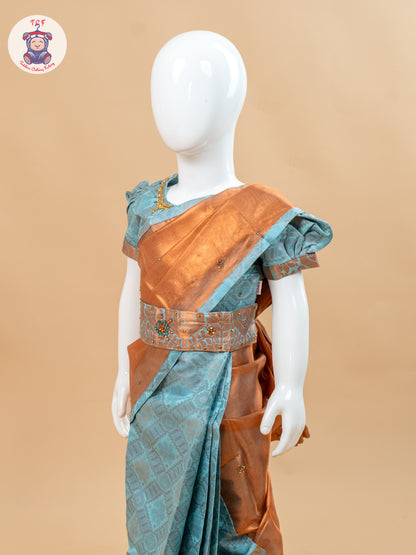 Sky Blue - Girls Readymade Welcro Saree