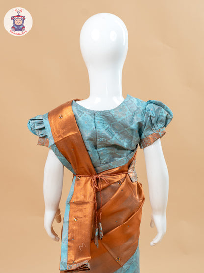 Sky Blue - Girls Readymade Welcro Saree