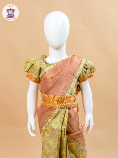 Yellow - Girls Readymade Welcro Saree