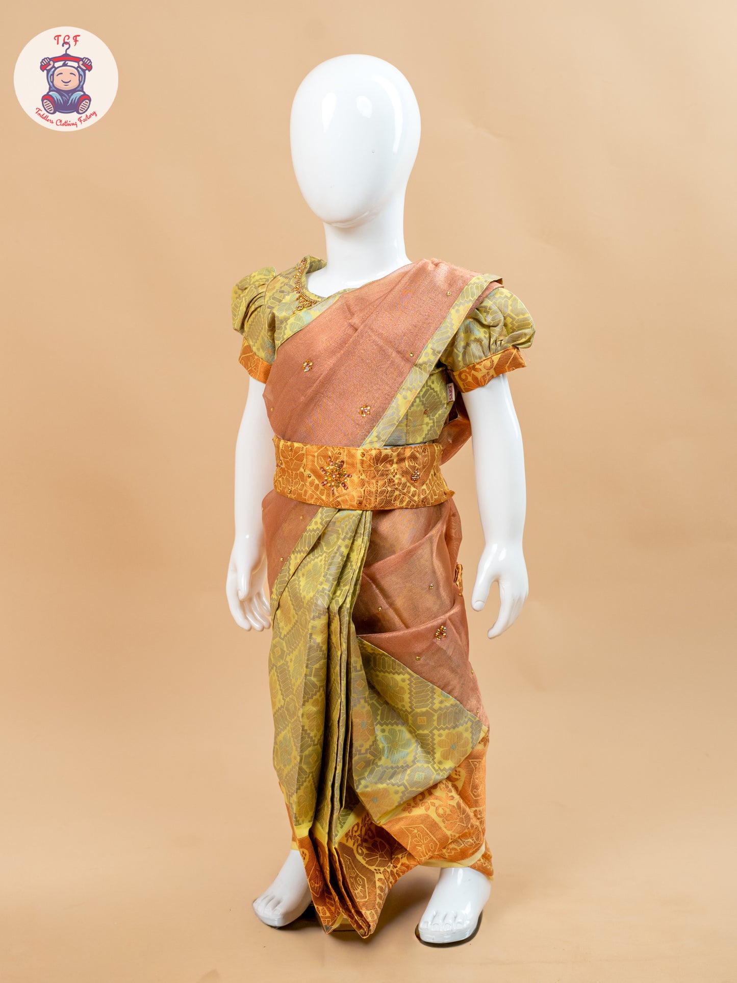 Yellow - Girls Readymade Welcro Saree