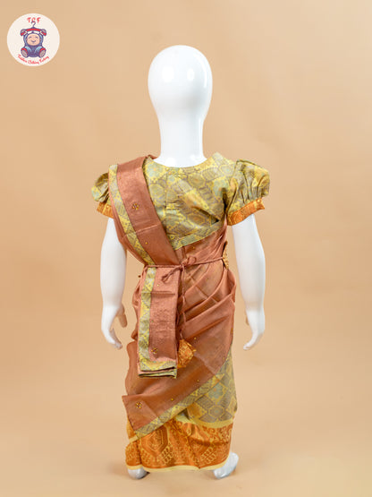 Yellow - Girls Readymade Welcro Saree