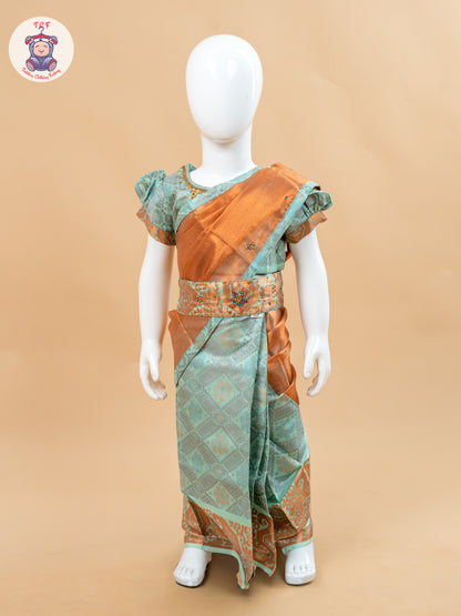 Mint Green - Girls Readymade Welcro Saree