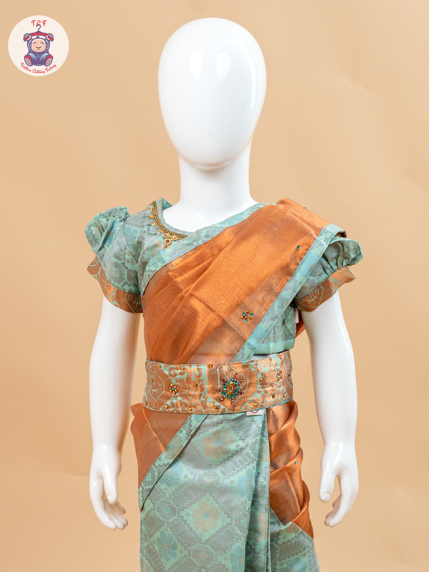 Mint Green - Girls Readymade Welcro Saree