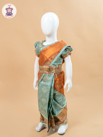 Mint Green - Girls Readymade Welcro Saree