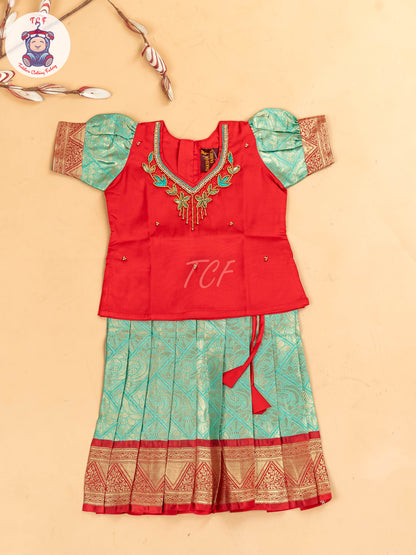 Red & Gold - Girls Readymade Pavadai Sattai
