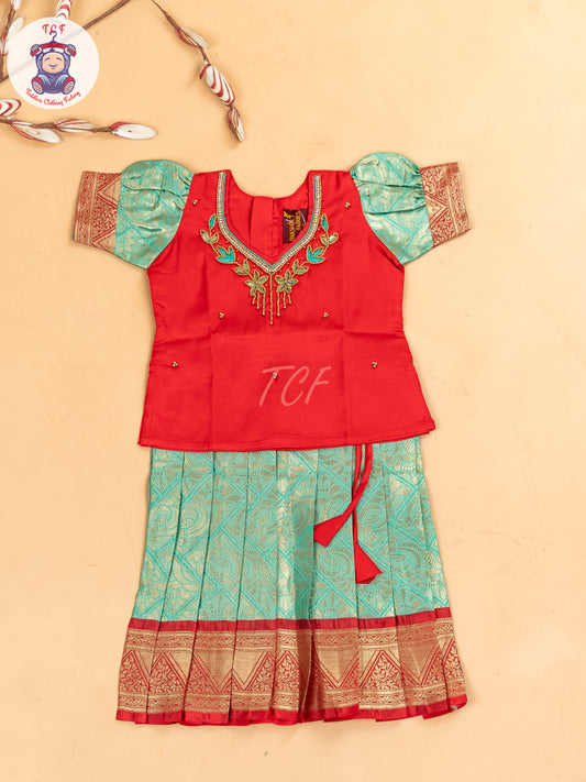Red & Gold - Girls Readymade Pavadai Sattai