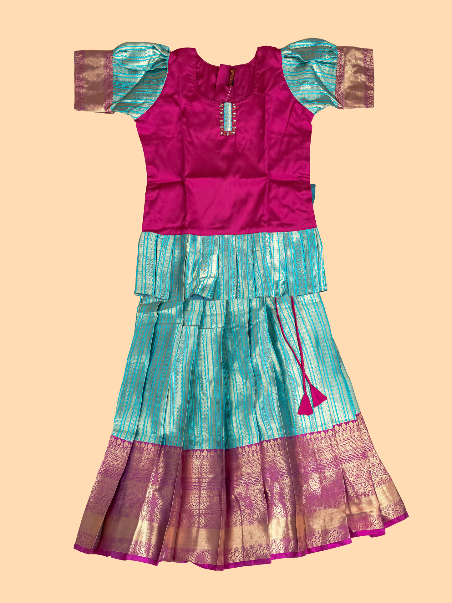 Pink & Light Green - Girls Readymade Pavadai Sattai