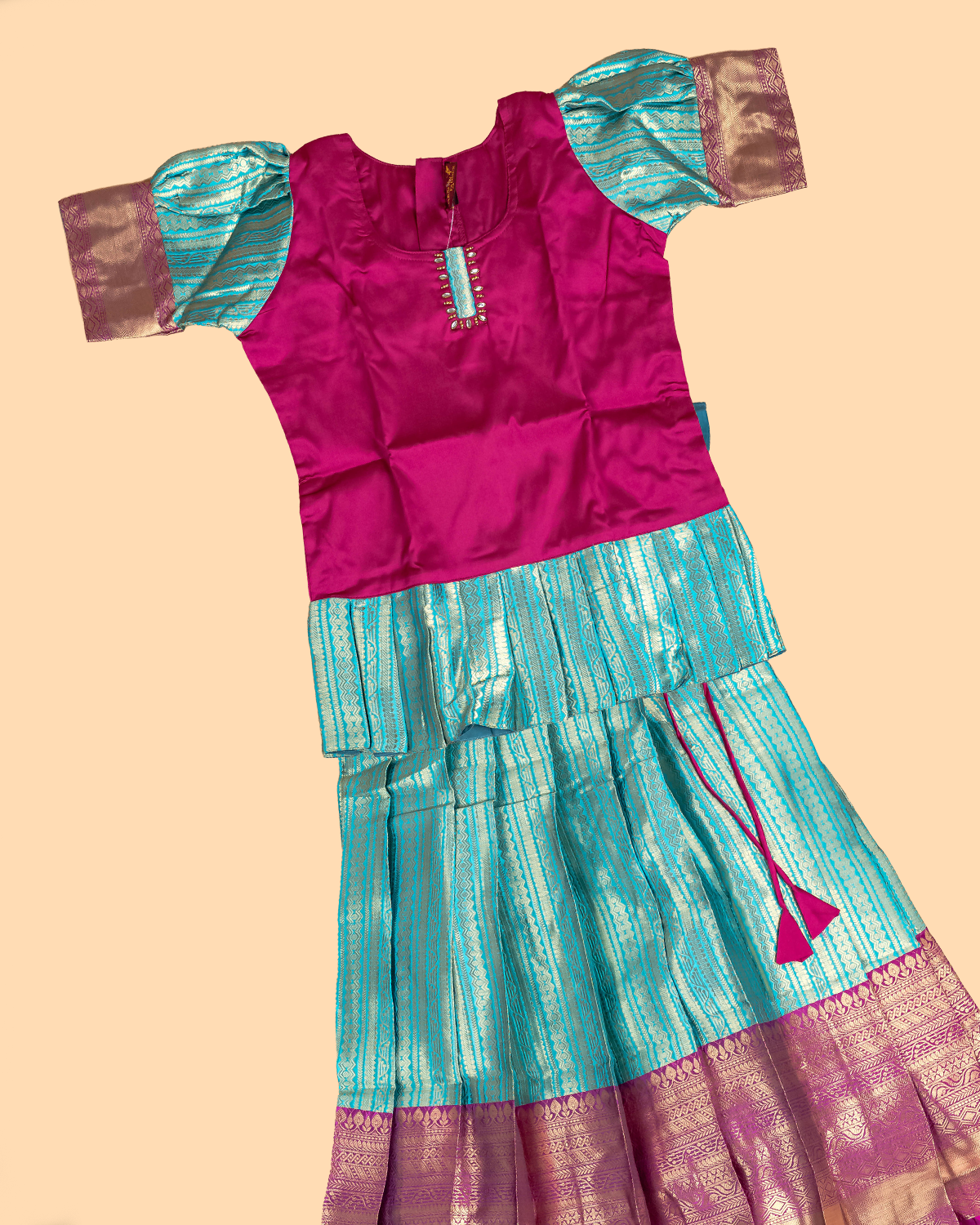 Pink & Light Green - Girls Readymade Pavadai Sattai