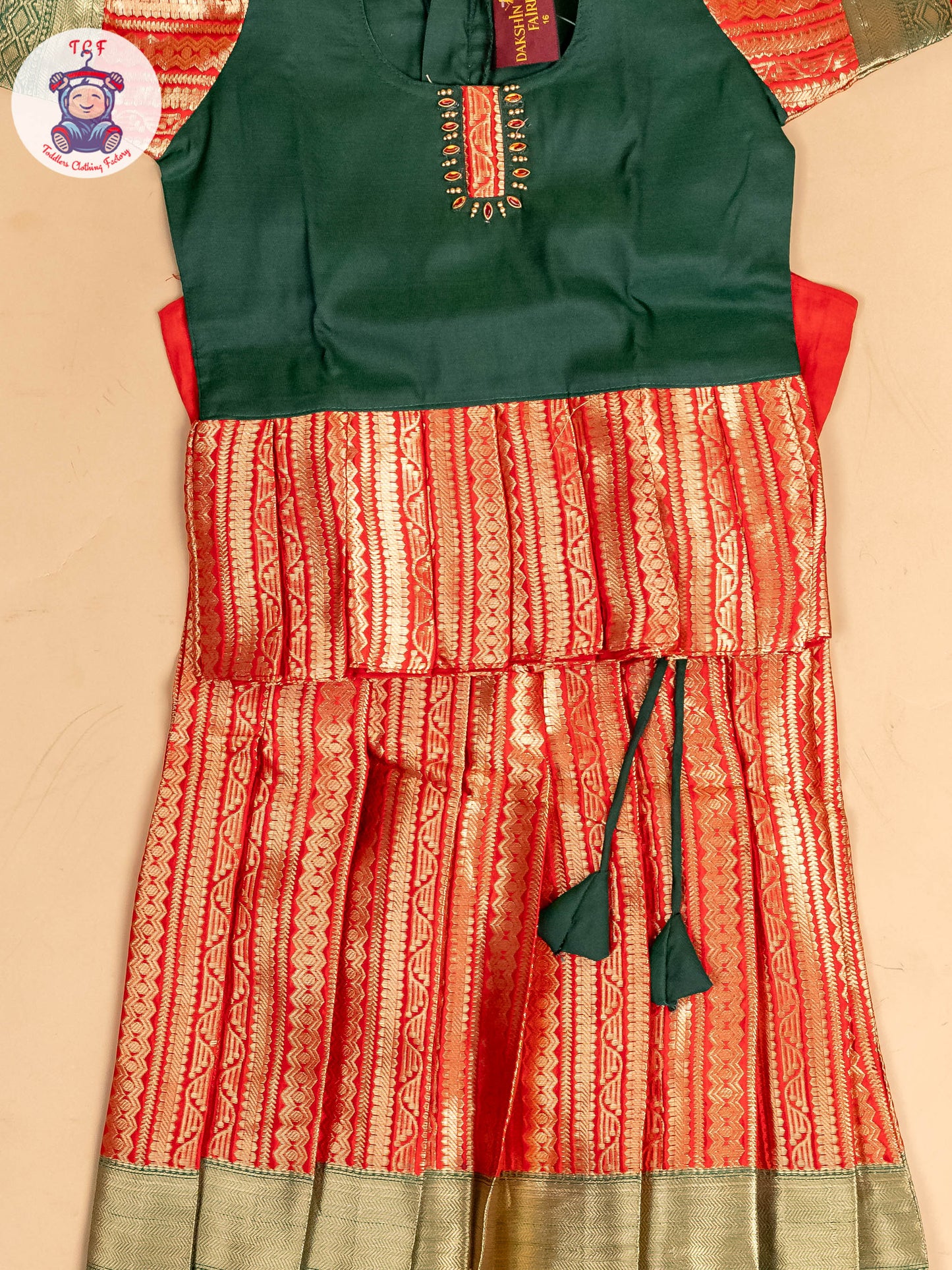 Green & Red - Girls Readymade Pavadai Sattai