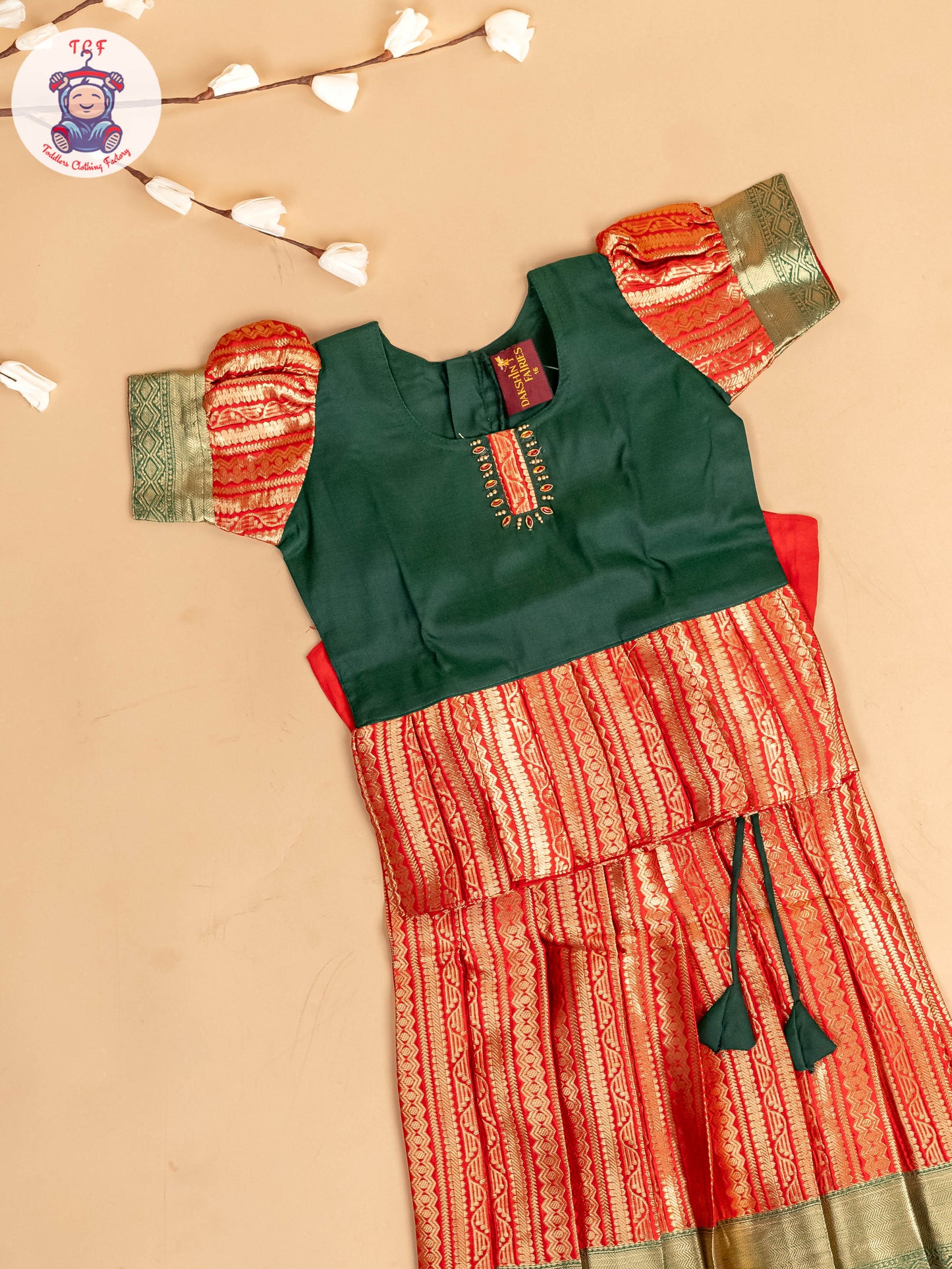 Green & Red - Girls Readymade Pavadai Sattai