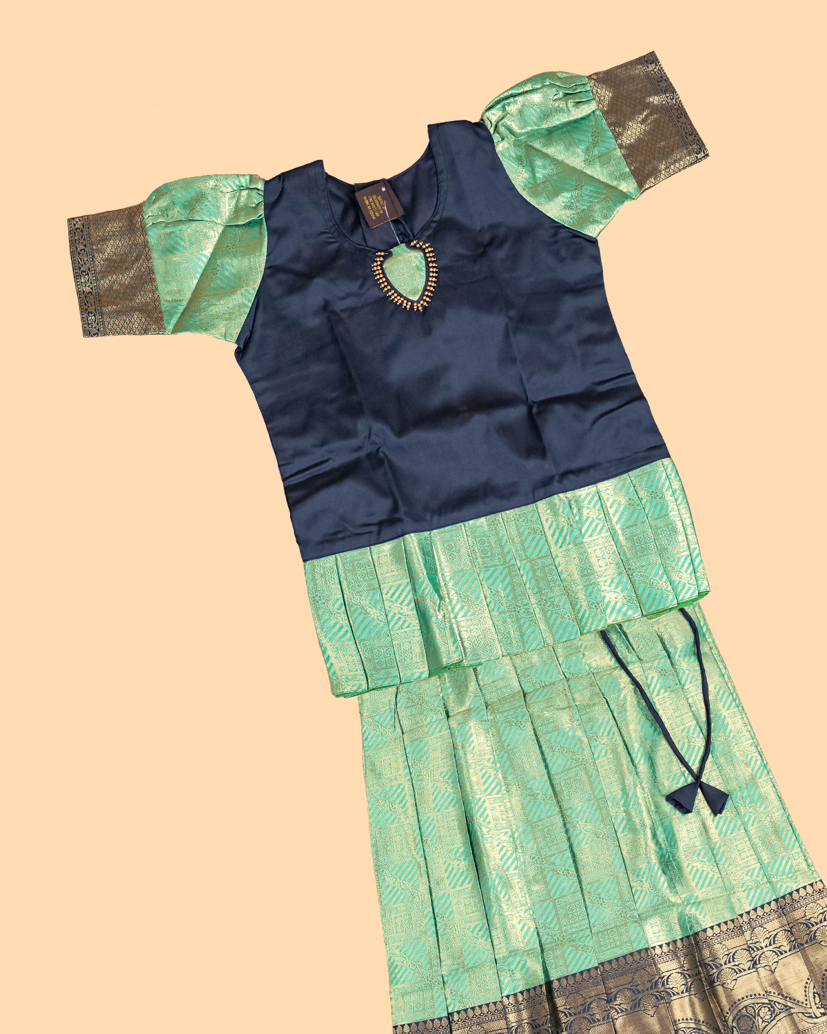 Navy Blue & Light Green - Girls Readymade Pavadai Sattai