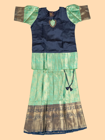 Navy Blue & Light Green - Girls Readymade Pavadai Sattai
