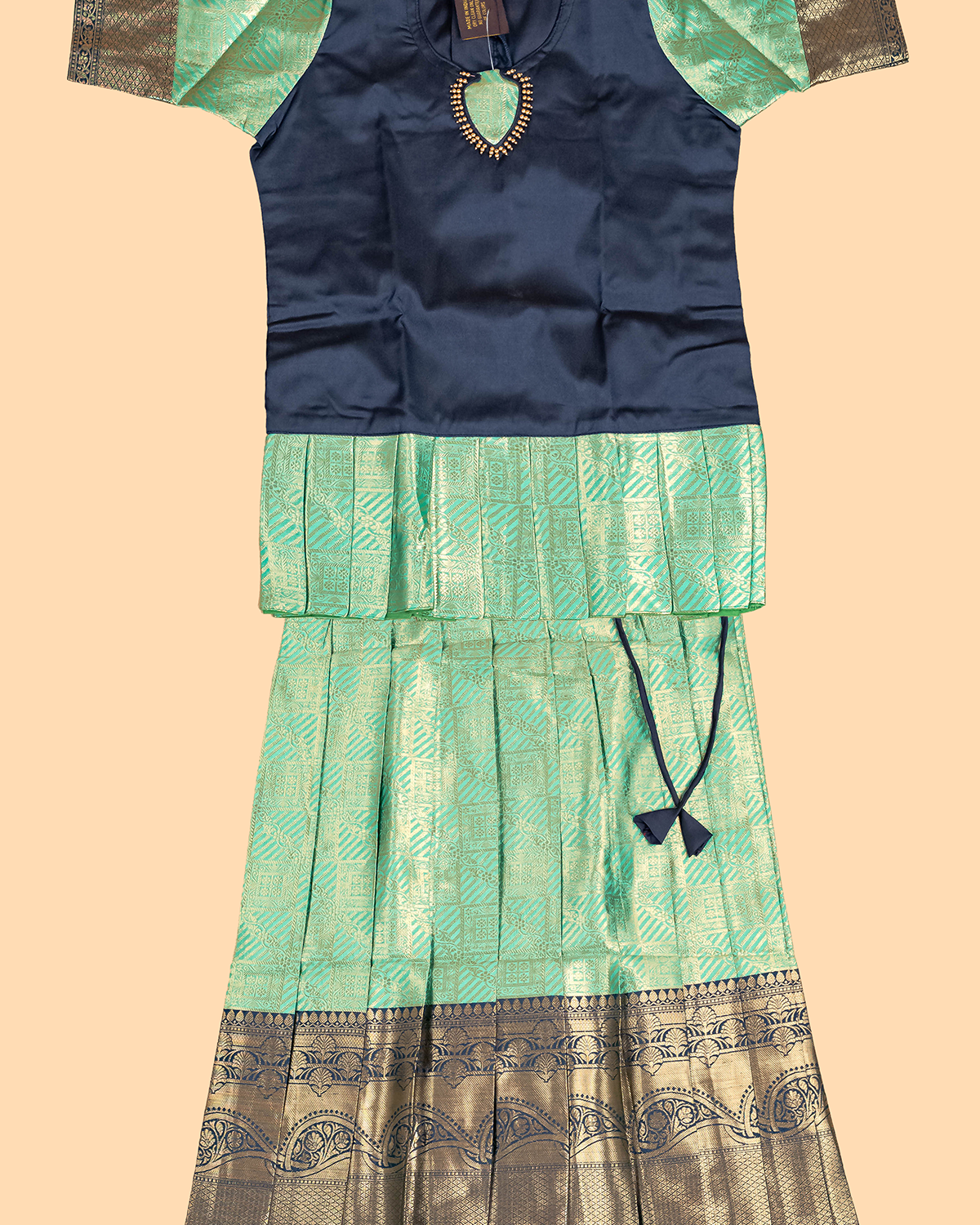 Navy Blue & Light Green - Girls Readymade Pavadai Sattai