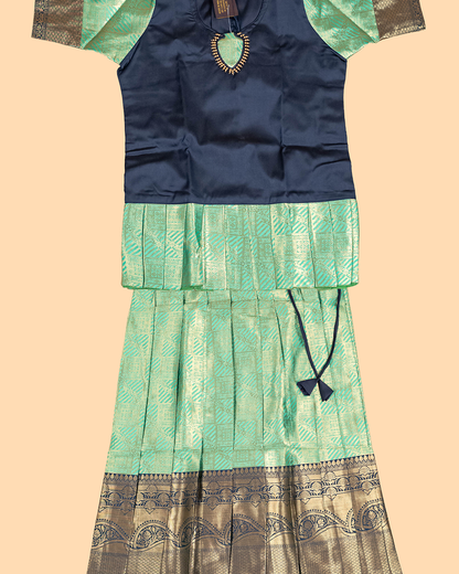 Navy Blue & Light Green - Girls Readymade Pavadai Sattai